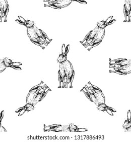 Seamless pattern of hand drawn sketch style jackrabbits isolated on white background. Vector illustration.