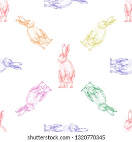 Seamless pattern of hand drawn sketch style hares isolated on white background. Vector illustration.