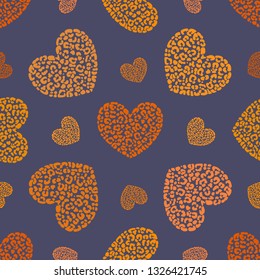Seamless pattern of hand drawn sketch style hearts with leopard texture. Vector illustration.