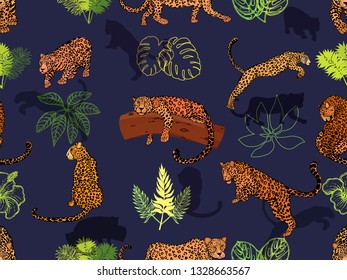 Seamless pattern of hand drawn sketch style leopards and tropical plants. Vector illustration.