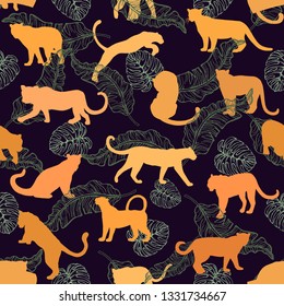Seamless pattern of hand drawn sketch style silhouettes of leopards. Vector illustration.