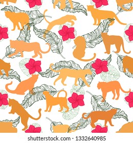 Seamless pattern of hand drawn sketch style silhouettes of leopards. Vector illustration.