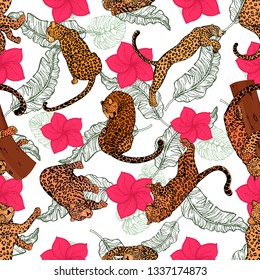 Seamless pattern of hand drawn sketch style leopards and tropical plants. Vector illustration.