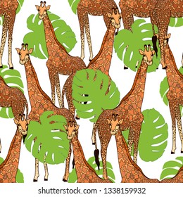 Seamless pattern of hand drawn sketch style giraffes and tropical plants. Vector illustration.
