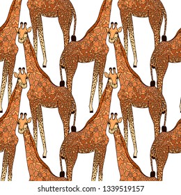 Seamless pattern of hand drawn sketch style giraffes. Vector illustration.