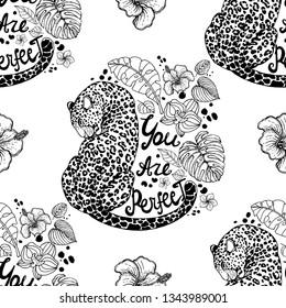 Seamless pattern of hand drawn sketch style leopards with tropical plants. Vector illustration.