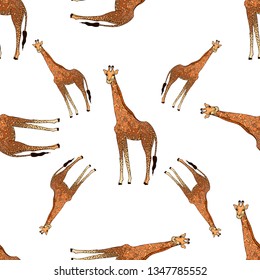 Seamless pattern of hand drawn sketch style giraffes isolated on white background. Vector illustration.