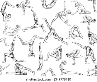 Seamless pattern of hand drawn sketch style abstract people doing yoga isolated on white background. Vector illustration.