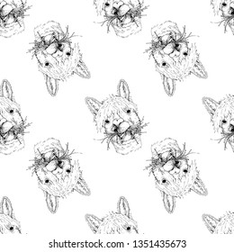 Seamless pattern of hand drawn sketch style portraits of alpaca. Vector illustration isolated on white background.