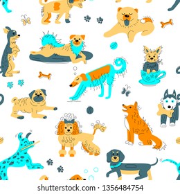 Seamless pattern with hand drawn sketch style dogs. Vector illustration for baby clothes, wrapping paper, textile, fabric.