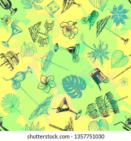 Seamless pattern of hand drawn sketch style different umbrellas, tropical plants and cocktails. Vector illustration.