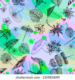 Seamless pattern of hand drawn sketch style different umbrellas and tropical plants. Vector illustration.