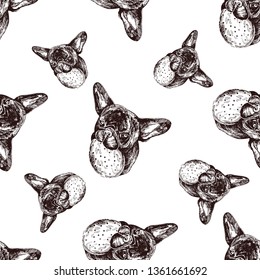 Seamless pattern of hand drawn sketch style bulldogs. Vector illustration isolated on white background.