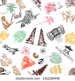 Seamless pattern of hand drawn sketch style Bali themed objects isolated on white background. Vector illustration.