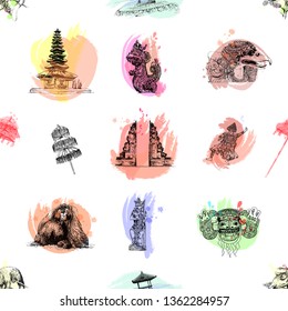 Seamless pattern of hand drawn sketch style Bali themed objects isolated on white background. Vector illustration.