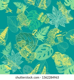 Seamless pattern of hand drawn sketch style Bali themed objects. Vector illustration.