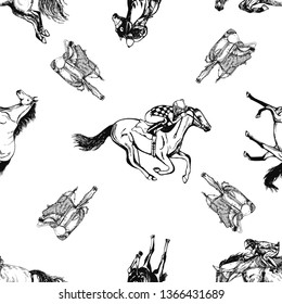Seamless pattern of hand drawn sketch style horses, jockeys on a horses and saddles. Vector illustration isolated on white background.