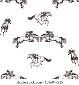 Seamless pattern of hand drawn sketch style jockeys on a horses. Vector illustration isolated on white background.