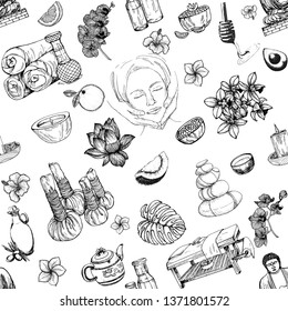 Seamless pattern of hand drawn sketch style day spa themed objects isolated on white background. Vector illustration.