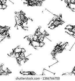 Seamless pattern of hand drawn sketch style abstract polo players isolated on white background. Vector illustration.