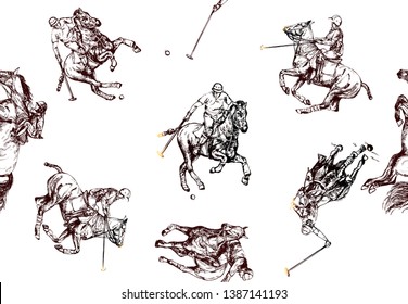 Seamless pattern of hand drawn sketch style abstract polo players isolated on white background. Vector illustration.