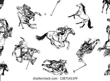 Seamless pattern of hand drawn sketch style abstract polo players isolated on white background. Vector illustration.