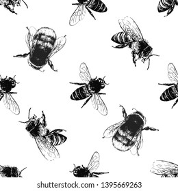 Seamless pattern of hand drawn sketch style bumblebees and bees isolated on white background. Vector illustration.