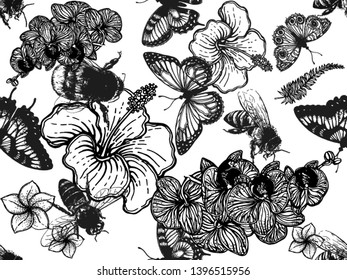 Seamless pattern of hand drawn sketch style insects and tropical flowers isolated on white background. Vector illustration.