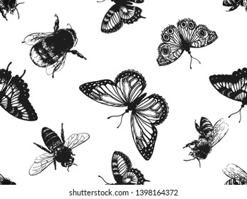 Seamless pattern of hand drawn sketch style insects and flowers isolated on white background. Vector illustration.