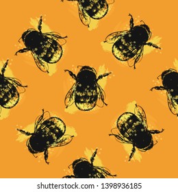 Seamless pattern of hand drawn sketch style bumblebee isolated on yellow background. Vector illustration.