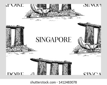 Seamless pattern of hand drawn sketch style Singapore Marina Bay city skyline isolated on white background. Vector illustration.