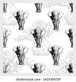 Seamless pattern of hand drawn sketch style elephant isolated on white background. Vector illustration.