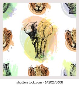 Seamless pattern of hand drawn sketch style portraits of leopard, elephant and rhino isolated on white background. Vector illustration.