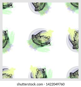 Seamless pattern of hand drawn sketch style portraits of rhino isolated on white background. Vector illustration.