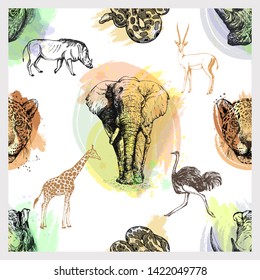 Seamless pattern of hand drawn sketch style African and Asian animals isolated on white background. Vector illustration.