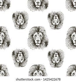 Seamless pattern of hand drawn sketch style portraits of lion isolated on white background. Vector illustration.