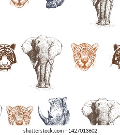 Seamless pattern of hand drawn sketch style portraits of animals: tiger, rhino, elephant and leopard isolated on white background. Vector illustration.