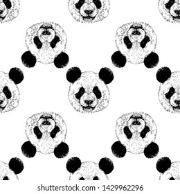 Seamless pattern of hand drawn sketch style portraits of giant panda isolated on white background. Vector illustration.