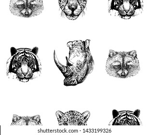 Seamless pattern of hand drawn sketch style portraits of animals: tiger, rhino, raccoon and leopard isolated on white background. Vector illustration.