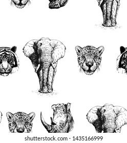 Seamless pattern of hand drawn sketch style portraits of animals: tiger, rhino, elephant and leopard isolated on white background. Vector illustration.