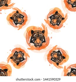 Seamless pattern of hand drawn sketch style portraits of tiger. Vector illustration isolated on white background.