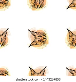 Seamless pattern of hand drawn sketch style portraits of caracal isolated on white background. Vector illustration.