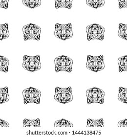 Seamless pattern of hand drawn sketch style portraits of snow leopard isolated on white background. Vector illustration.