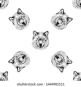 Seamless pattern of hand drawn sketch style portraits of wolf isolated on white background. Vector illustration.