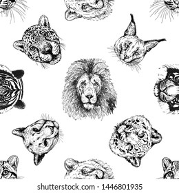 Seamless pattern of hand drawn sketch style portraits of animals isolated on white background. Vector illustration.