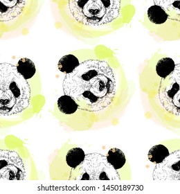 Seamless pattern of hand drawn sketch style portraits of giant panda isolated on white background. Vector illustration.