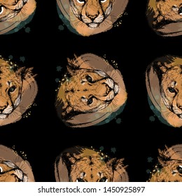 Seamless pattern of hand drawn sketch style portraits of puma isolated on black background. Vector illustration.