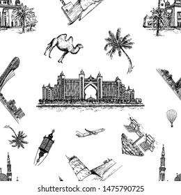 Seamless pattern of hand drawn sketch style United Arabian Emirates related objects isolated on white background. Vector illustration.