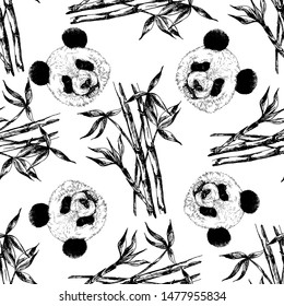 Seamless pattern of hand drawn sketch style pandas and bamboo stems with leaves isolated on white background. Vector illustration.