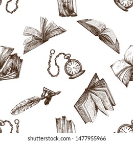 Seamless pattern of hand drawn sketch style books, feather pen and pocket watches isolated on white background. Vector illustration.
